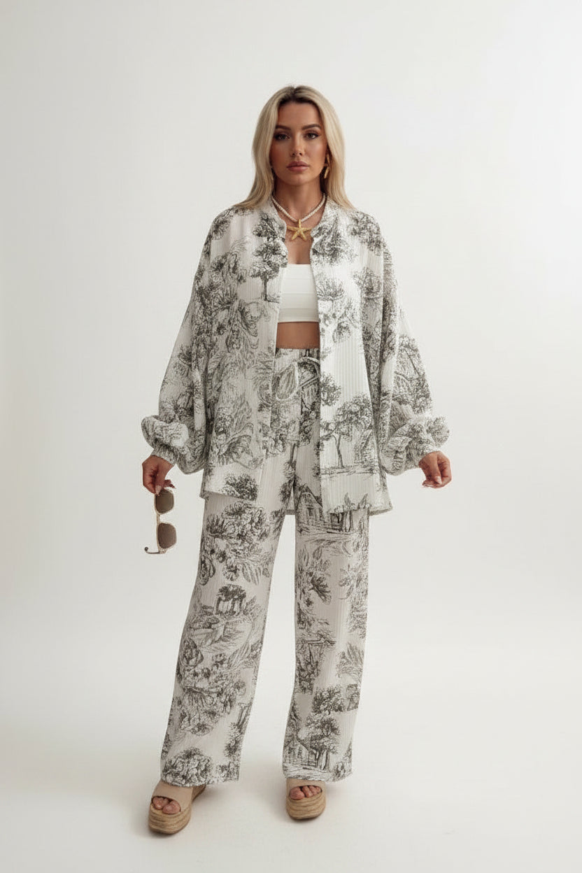 Women's Printed Long Sleeve Shirt & Trousers Set