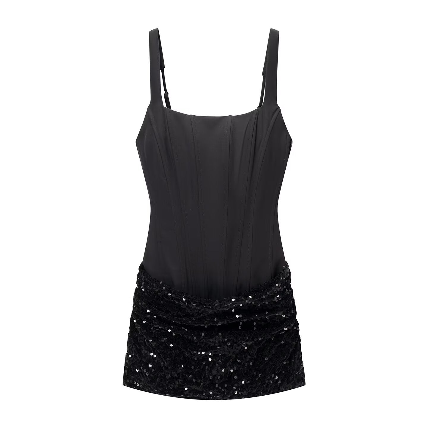 Vestido Mini Ajustado de Lantejoulas com Decote Quadrado e Cintura Alta