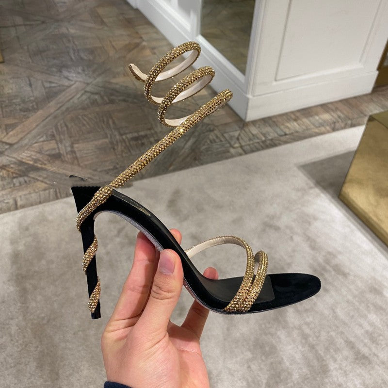 Rhinestone Snake-Strap Stiletto Sandals