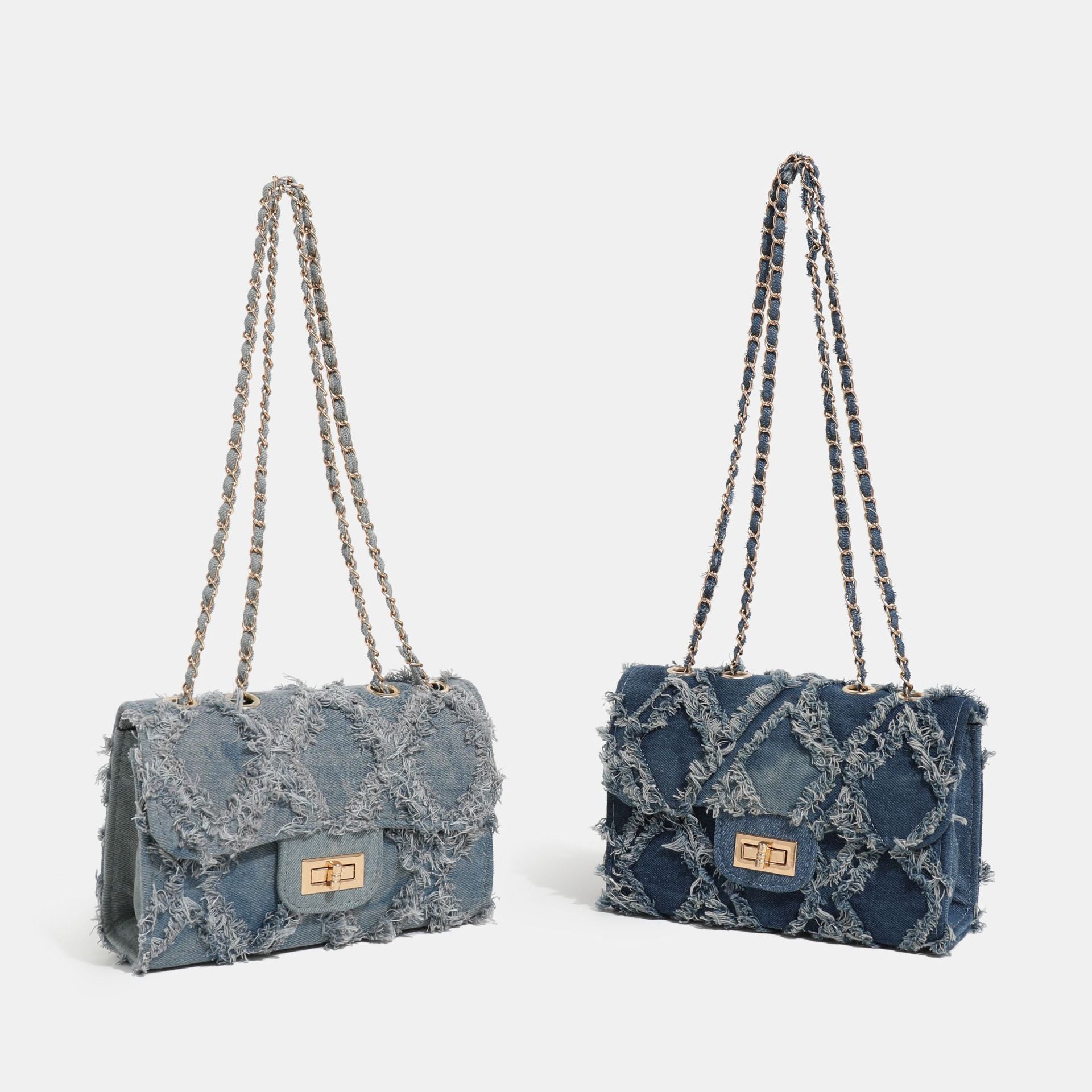 Denim Diamond-Quilt Chain Shoulder Bag
