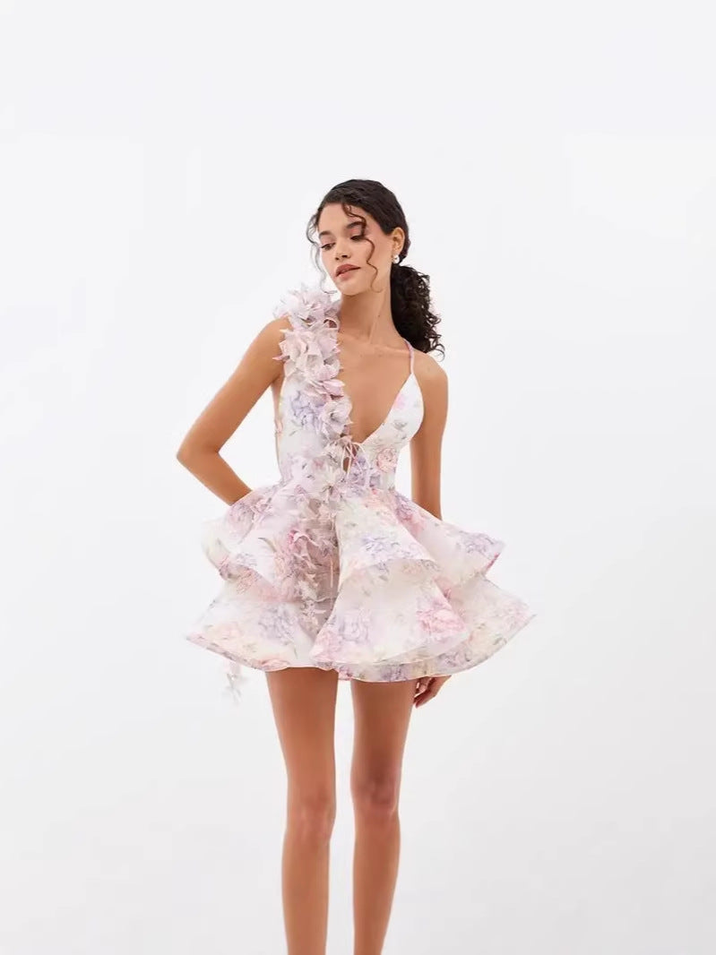 Vestido Bandage Floral 3D para Mulher — Mini Tubinho Caicai com Decote em V