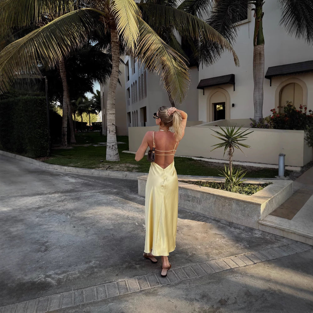 Backless Satin Midi Dress with Adjustable Straps