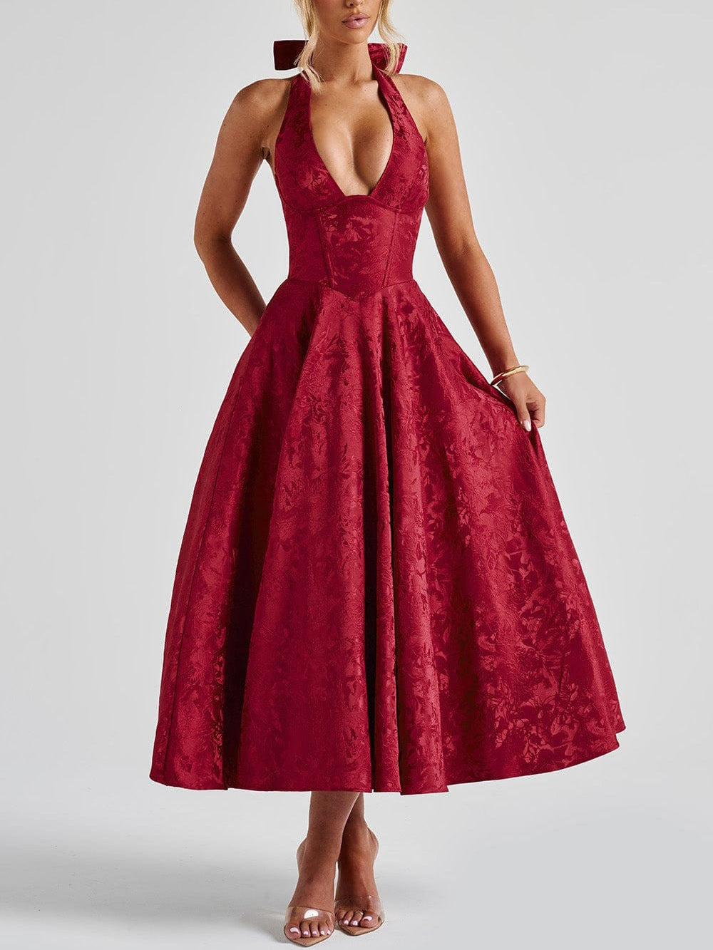 3D Jacquard V-Neck Halter Backless Maxi Gown