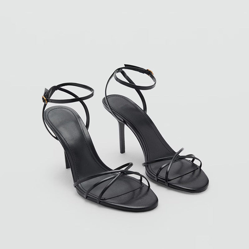 Sandálias Stiletto de Tiras Finas com Biqueira Aberta 9cm