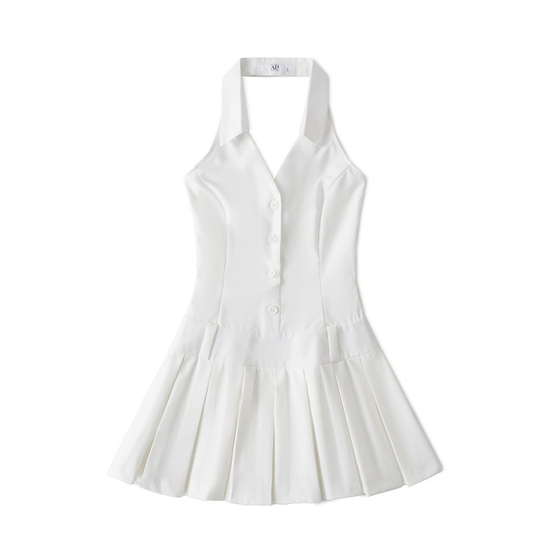 Vestido Halter de Decote em V para Mulher — Mini Plissado Francês de Cintura Alta