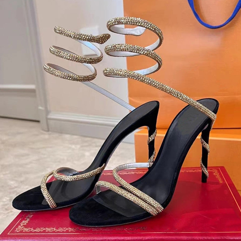 Rhinestone Snake-shaped Winding Strap Heel Sandals