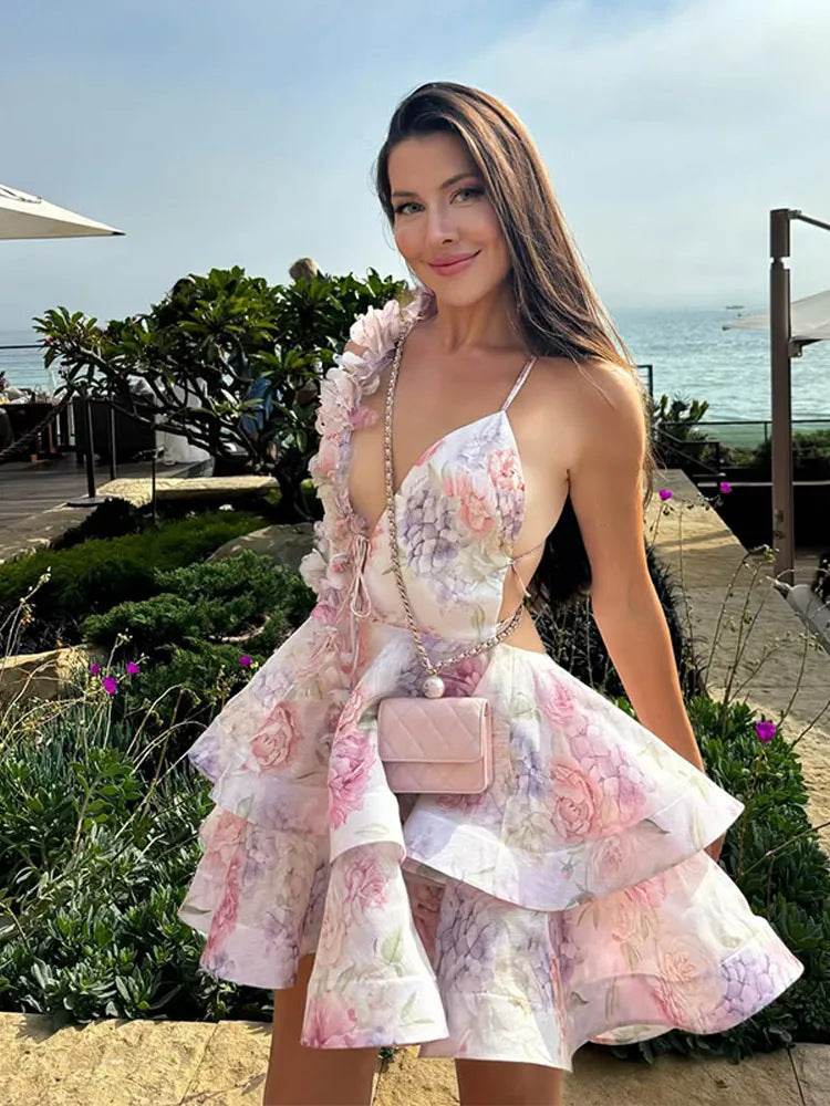 Vestido Bandage Floral 3D para Mulher — Mini Tubinho Caicai com Decote em V