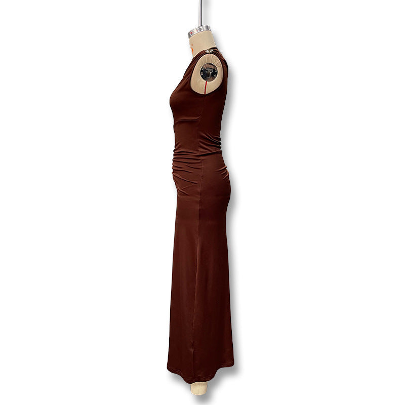 Vestido Maxi Sem Mangas de Cintura Alta com Detalhes Metalizados