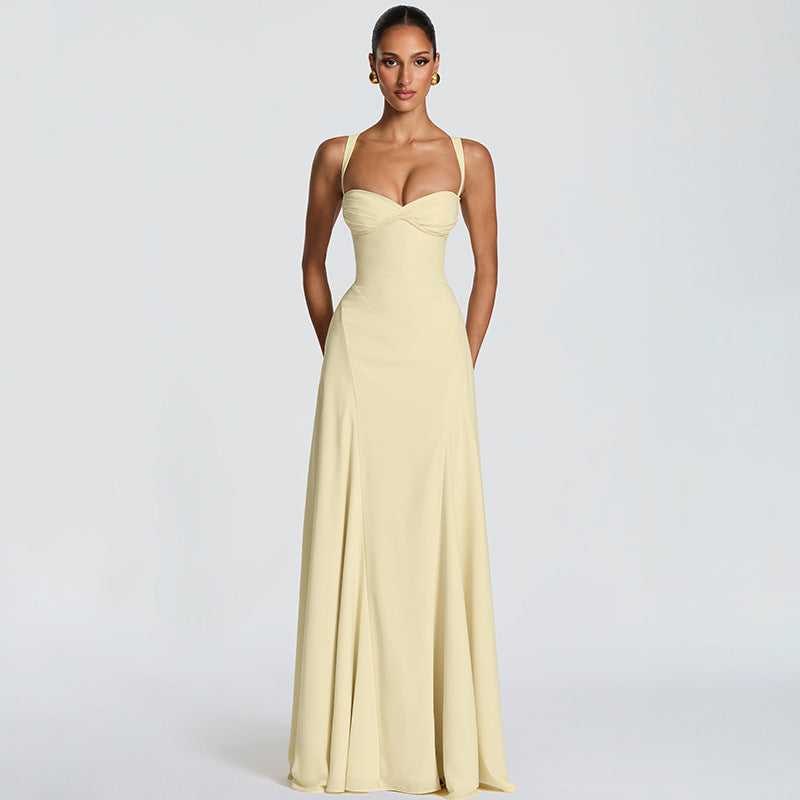Vestido Maxi Evasê com Decote em V e Costas Vazadas