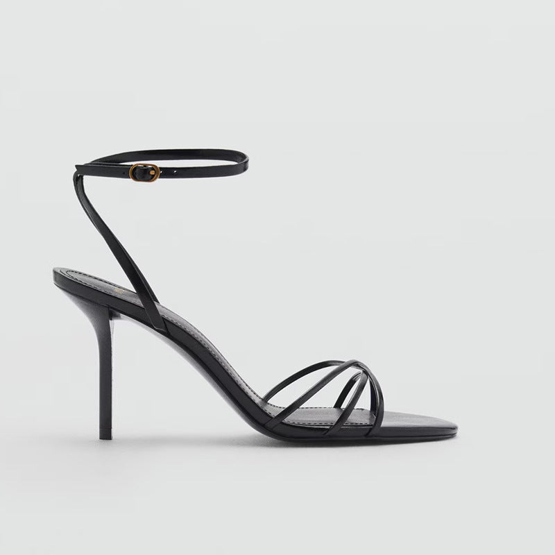 Sandálias Stiletto de Tiras Finas com Biqueira Aberta 9cm