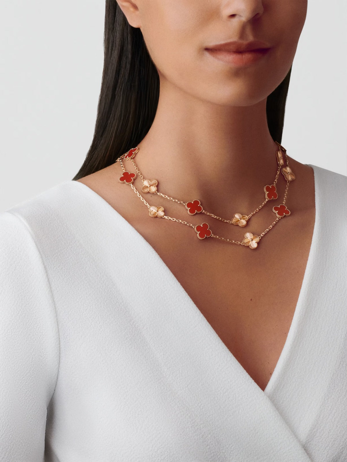 Vintage Alhambra Long Necklace, 20 Motifs, Carnelian, Rose Gold