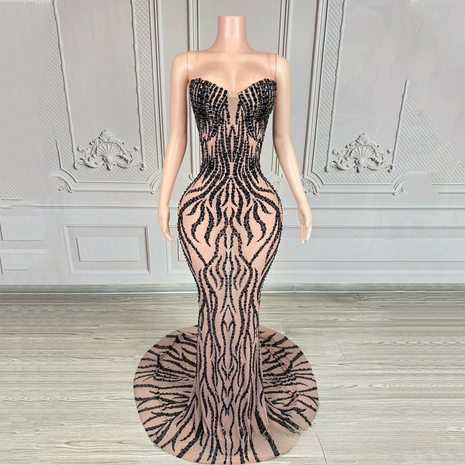 Strapless Rhinestone-Embellished Floor-Length Evening Gown