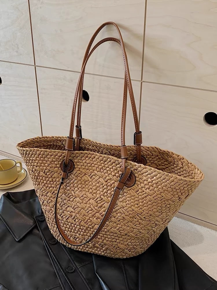 Mala de Compras de Palha Tecida à Mão com Abertura Superior