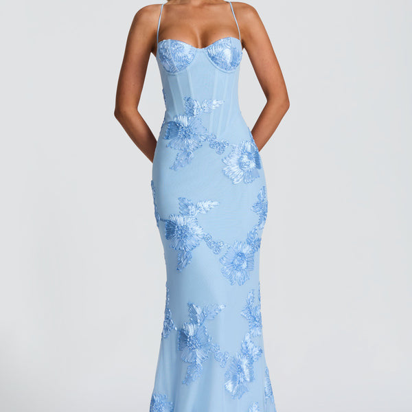 Vestido Maxi Suspensor Sem Costas com Bordado Floral 3D