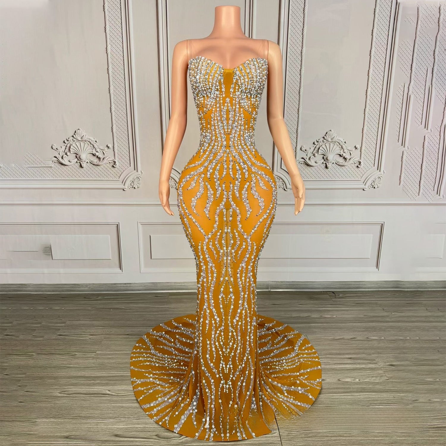 Strapless Rhinestone-Embellished Floor-Length Evening Gown