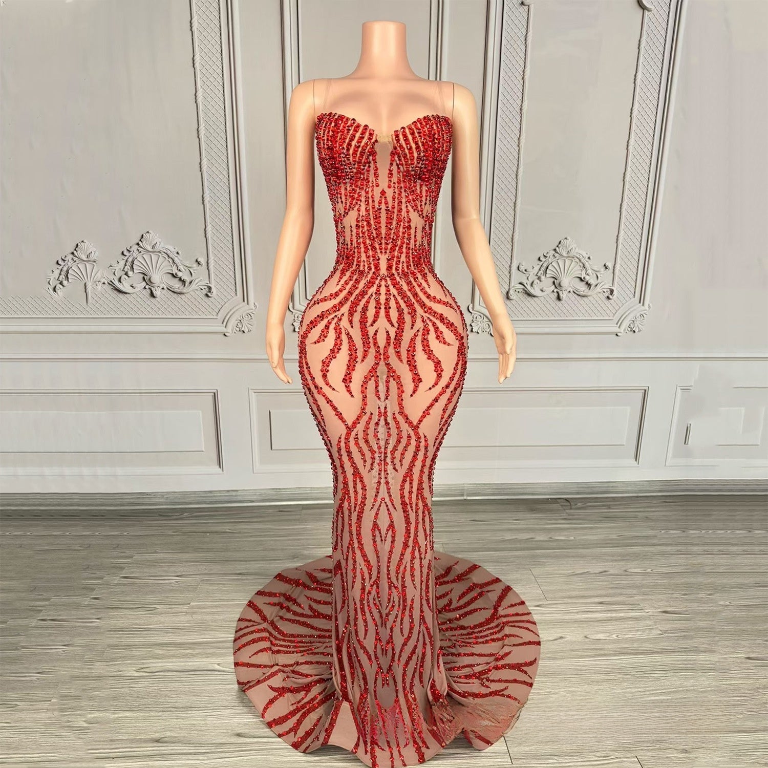 Strapless Rhinestone-Embellished Floor-Length Evening Gown
