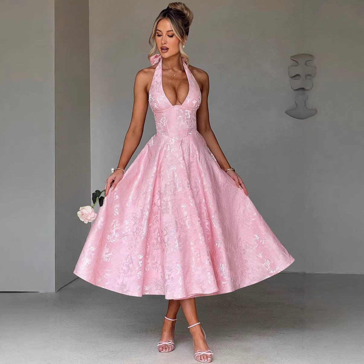3D Jacquard V-Neck Halter Backless Maxi Gown