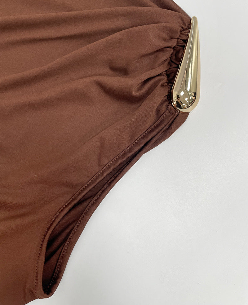 Vestido Maxi Sem Mangas de Cintura Alta com Detalhes Metalizados
