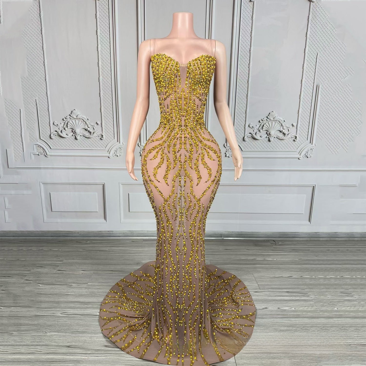 Strapless Rhinestone-Embellished Floor-Length Evening Gown