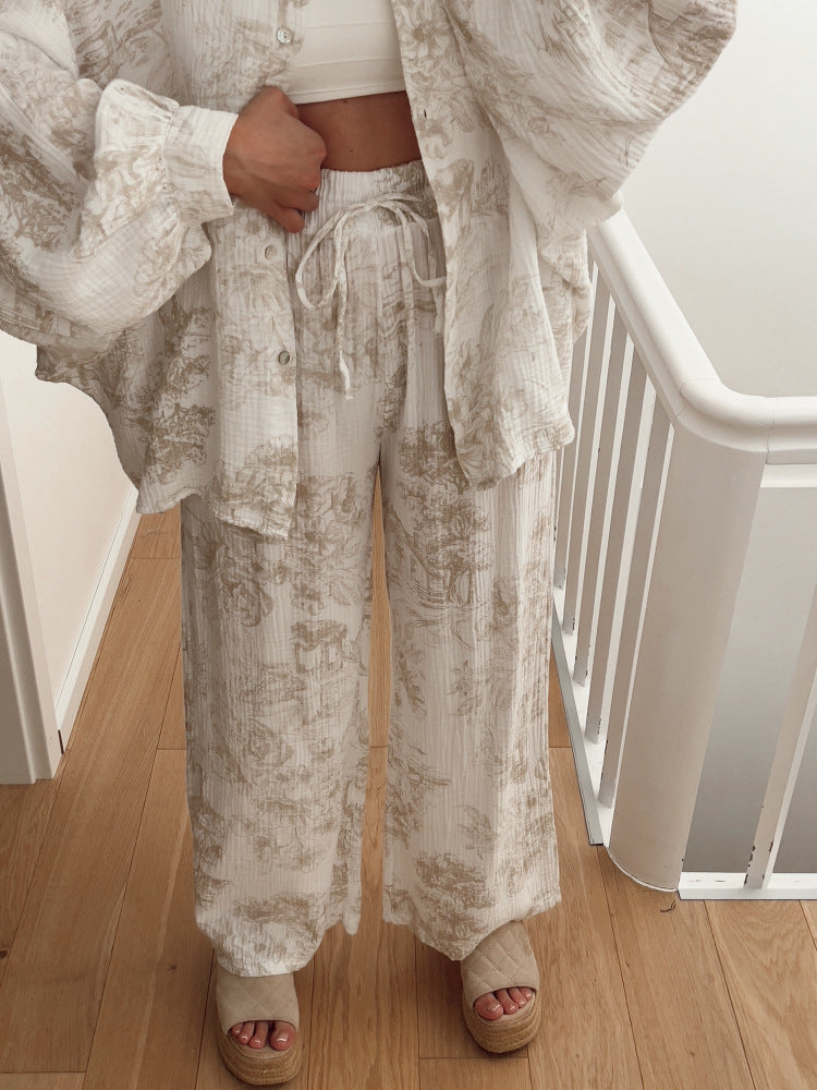 Conjunto de Calças e Camisa de Manga Comprida Estampada para Mulher