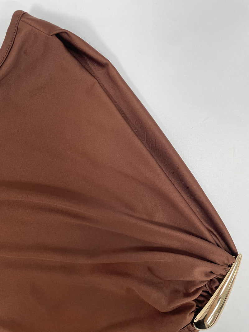 Vestido Maxi Sem Mangas de Cintura Alta com Detalhes Metalizados