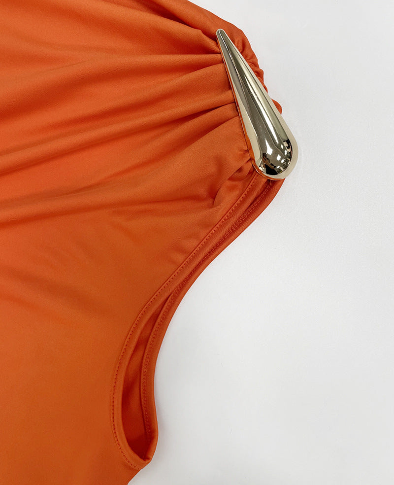 Vestido Maxi Sem Mangas de Cintura Alta com Detalhes Metalizados