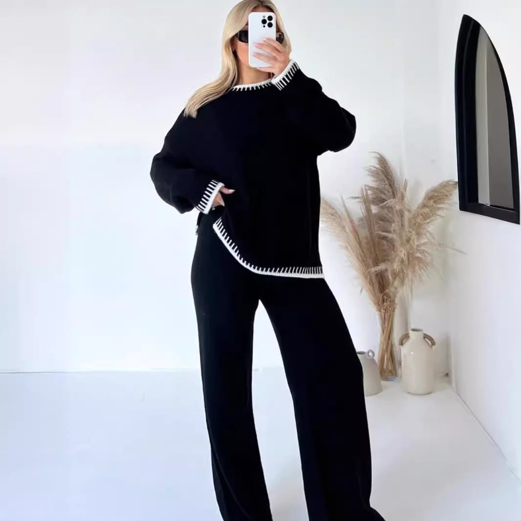 Conjunto de Duas Peças Casual de Cor Sólida para Mulher