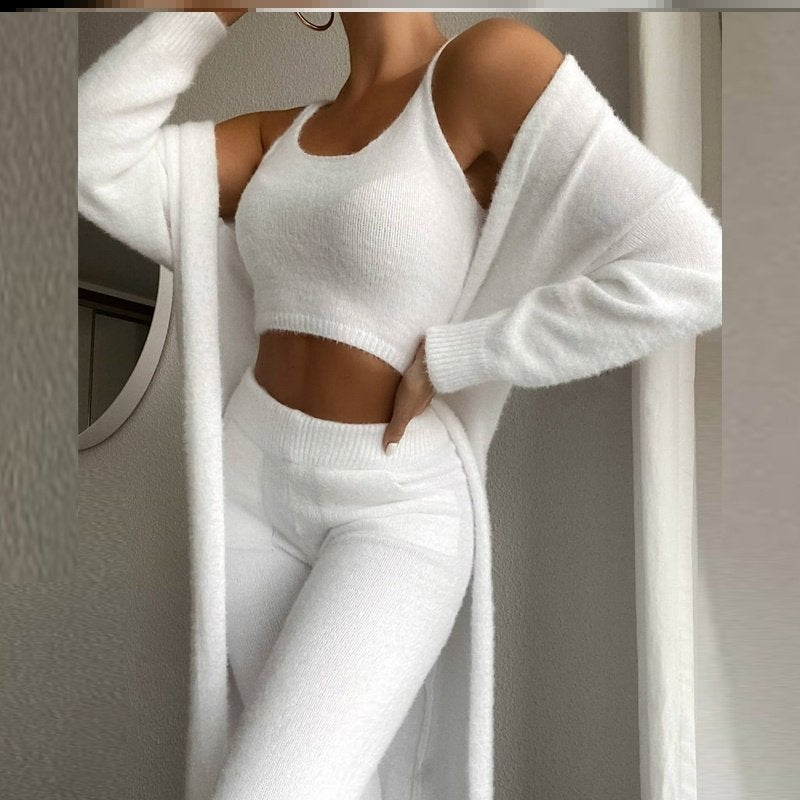 Conjunto de Malha de 3 Peças para Mulher — Cardigã, Top e Calças