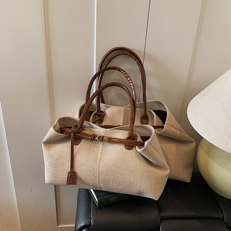 Contrast-Detail Canvas Tote Shoulder Bag