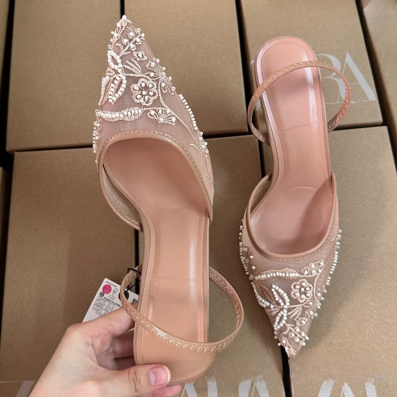 Floral Embroidered Mesh Stiletto Heels