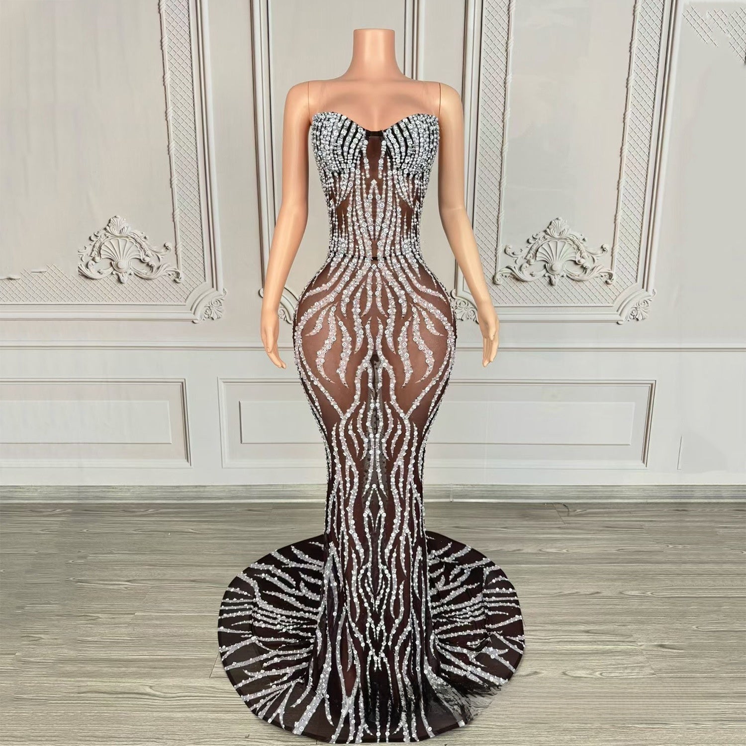Strapless Rhinestone-Embellished Floor-Length Evening Gown