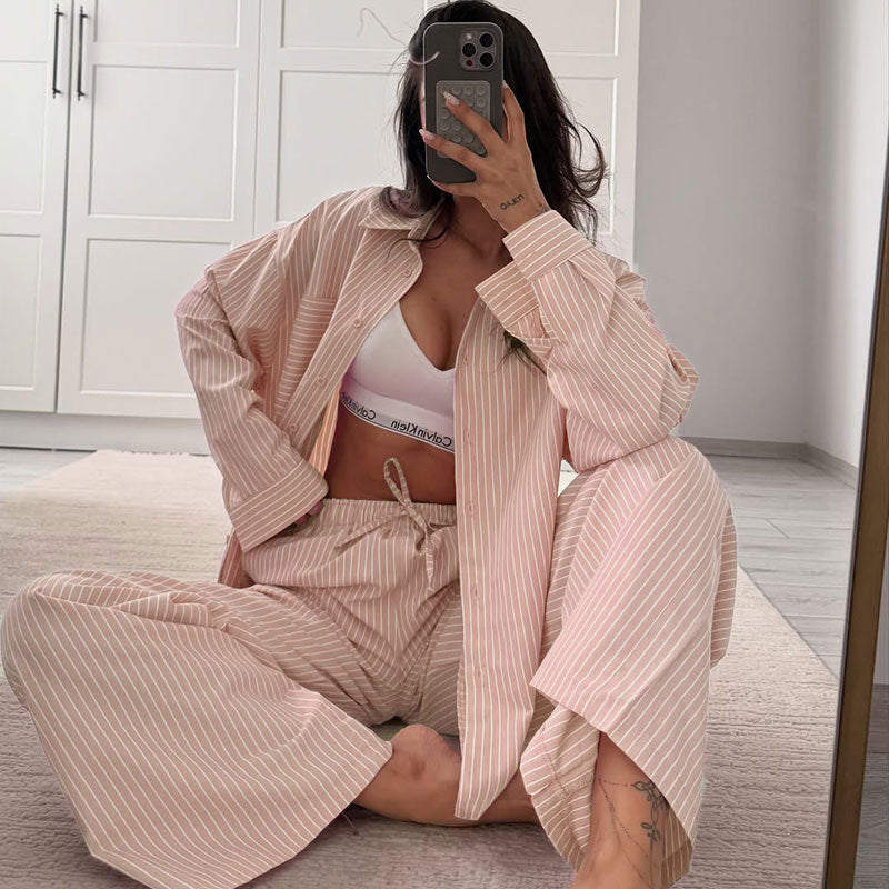 Women's Striped Lounge Set — Long Sleeve Top & Wide-Leg Trousers