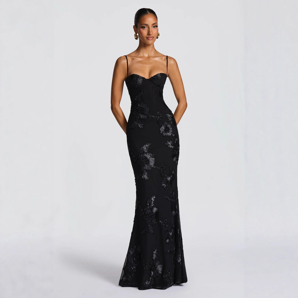Vestido Maxi Suspensor Sem Costas com Bordado Floral 3D