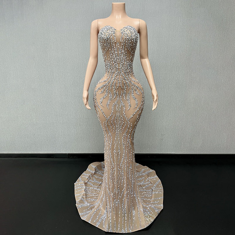 Vestido de Noite Comprido, Sem Alças, com Aplicações de Strass