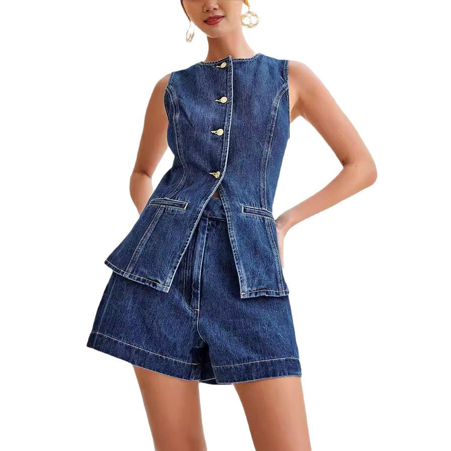 Women's Denim Co-ord Set — Sleeveless Top & High-Waist Shorts