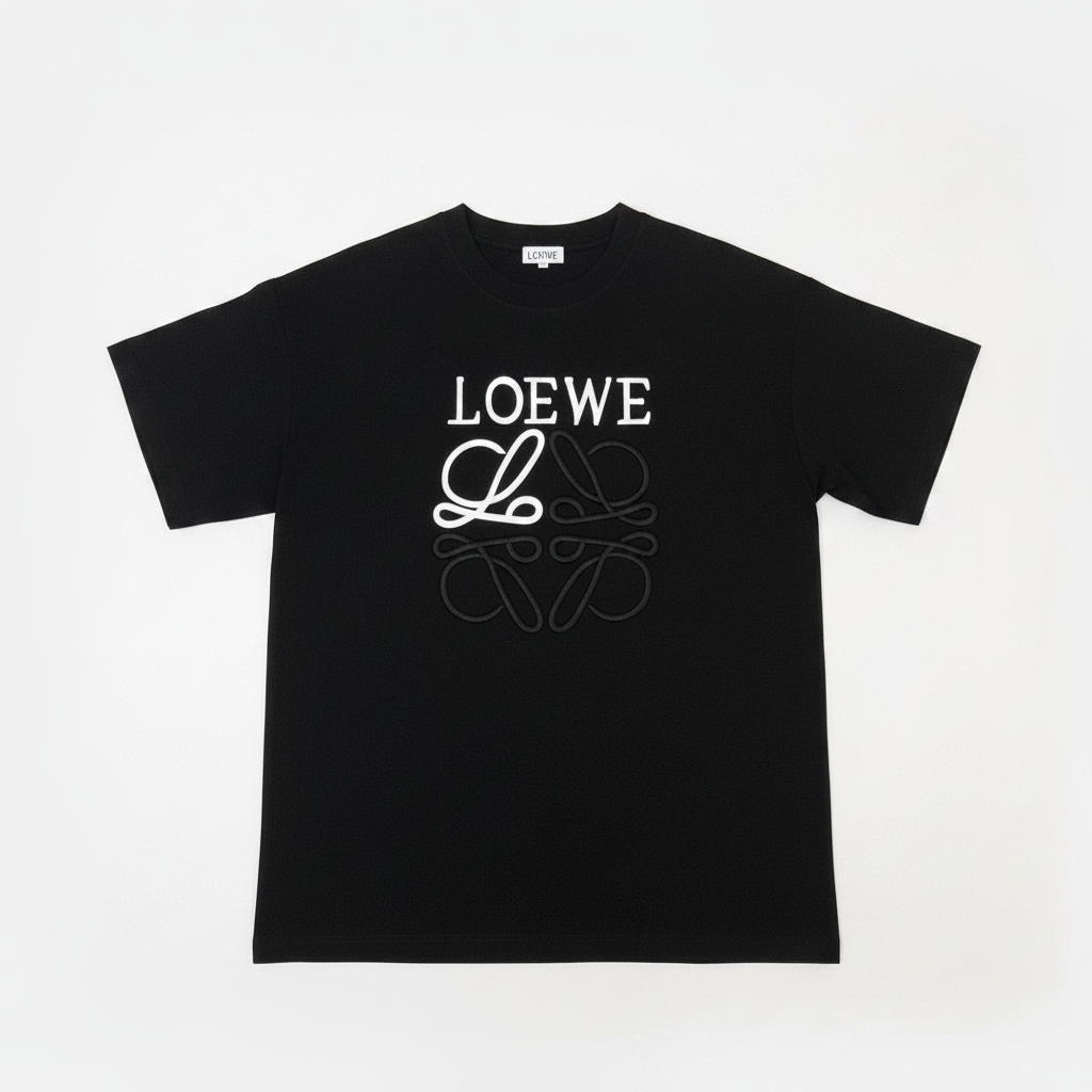 Black t-shirt with white 'LOEWE' logo on a white background